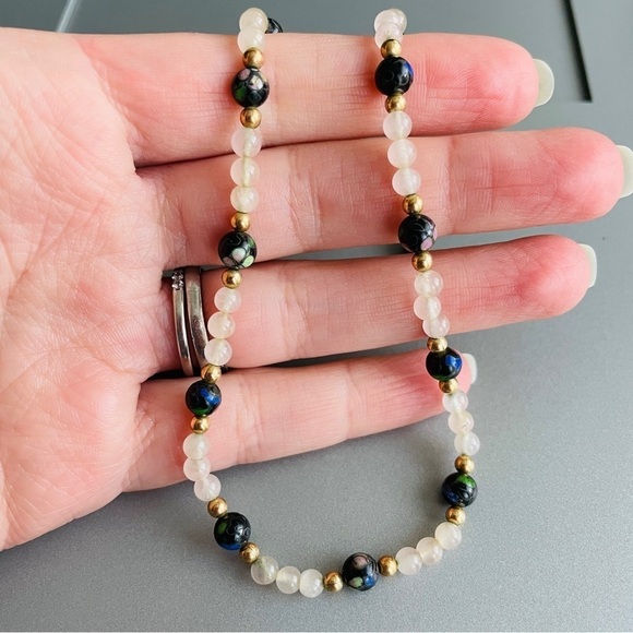 14k Gold Vintage Cloisonné & Pink Agate Beaded Necklace - Picture 5 of 6